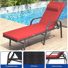 Patio Chaise Lounge Set 3 Pieces Pool Lounge Chairs,Cushioned Outdoor Folding Lounge Chair w/Arm and Rattan Adjustable Backrest for Poolside Porch,Folding Table Included,Red