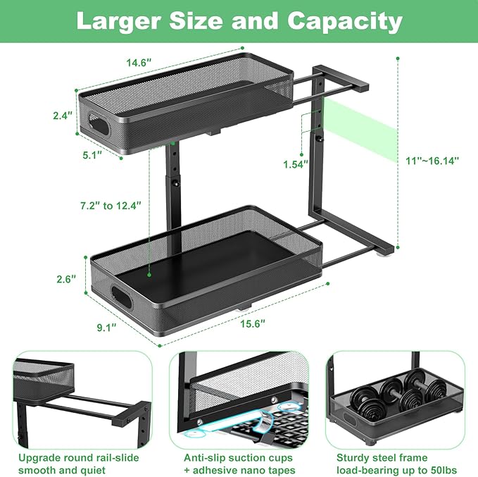 Under Sink Organizer, High Adjustable 2 Tier Under Sink Organizers and Storage, Slide Out Metal Cabinet Organizers, Pull Out Sink Storage Drawer Shelf for Kitchen Bathroom Cabinet, Black, 1 Pack