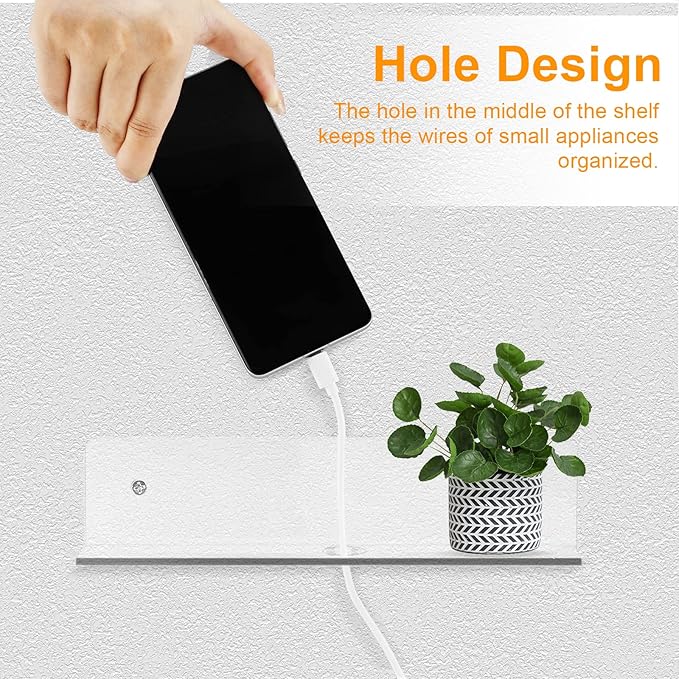 9 Inch Acrylic Floating Shelf, No Drill Adhesive Wall Shelf Set of 4 for Storage, Floating Shelves Damage-Free Expand Wall Space for Living Room, Office, Gaming Room, Bathroom