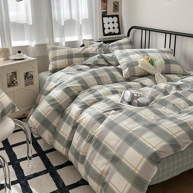 VM VOUGEMARKET Plaid Bedding Set King 100% Cotton Green Grid Duvet Cover Set,Modern Men Boy's Comforter Cover with Zipper Closure-King