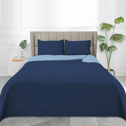 Easy-Going Twin Size Reversible Quilt Set with 1 Quilt and 1 Pillow Sham, Soft Bed Quilt Cover, Water Resistant Lightweight Microfiber Bedspread, Stain Resistant, Olive Leaf-Dark Blue/Light Blue