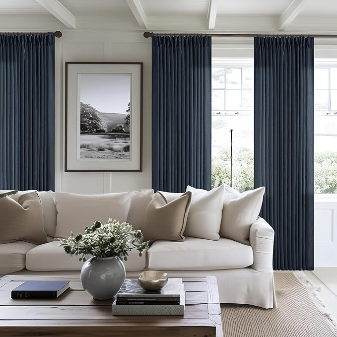Dark Blue Linen Curtains 102 Inches Long for Living Room Pinch Pleated Drape with Hooks Rings for Track System Light Filtering 102 Inch Curtain for Bedroom Sliding Patio Door 2 Panels Navy Indigo
