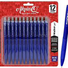 AKVINQ® Walker Gel Pens 12-Pack | 0.7mm Medium Point | Retractable Gel Ink Pen | Premium Matte Finish | Blue Ink | Smudge-Resistant | Comfortable Rubber Grip | Office & School Writing (Blue)