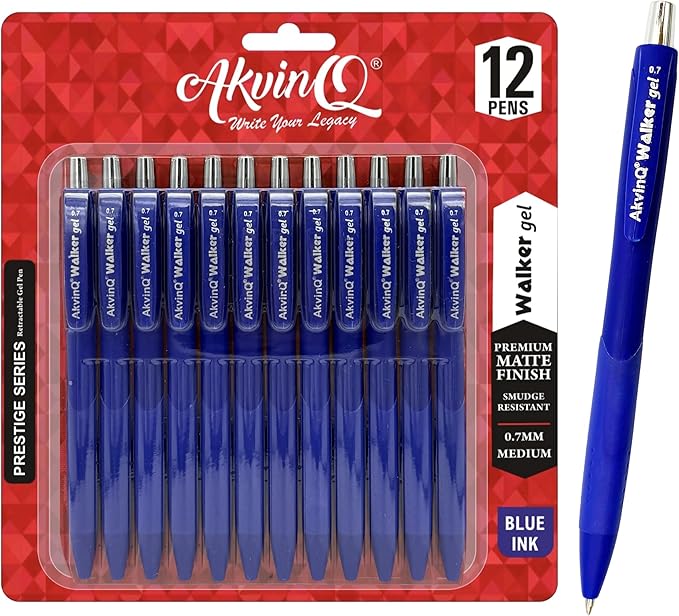 AKVINQ® Walker Gel Pens 12-Pack | 0.7mm Medium Point | Retractable Gel Ink Pen | Premium Matte Finish | Blue Ink | Smudge-Resistant | Comfortable Rubber Grip | Office & School Writing (Blue)