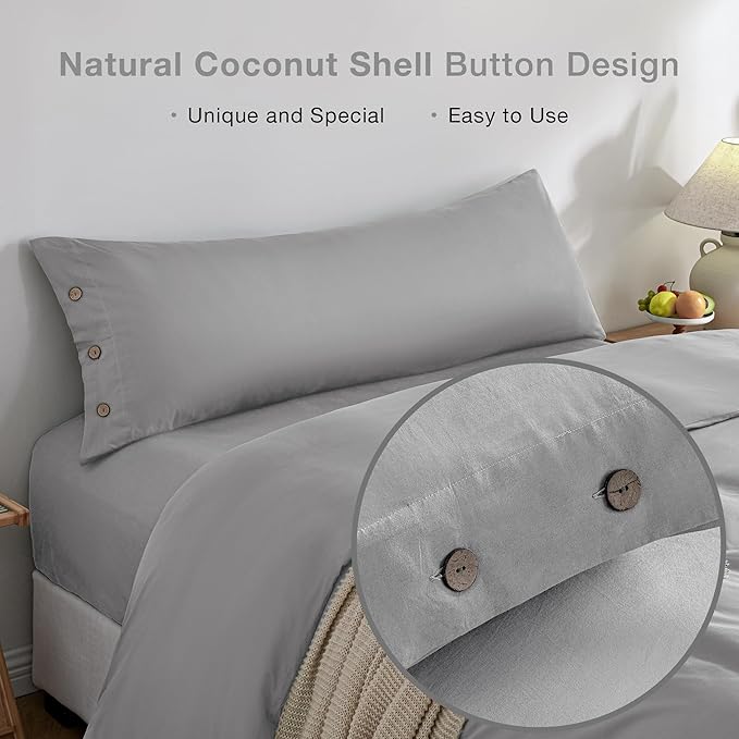 JELLYMONI Pillowcase Body Cotton 1pc Button Light Grey Pillow Case 20×54in 100% Washed Cotton Soft Breathable Pillow Covers(Pillows are not Included)