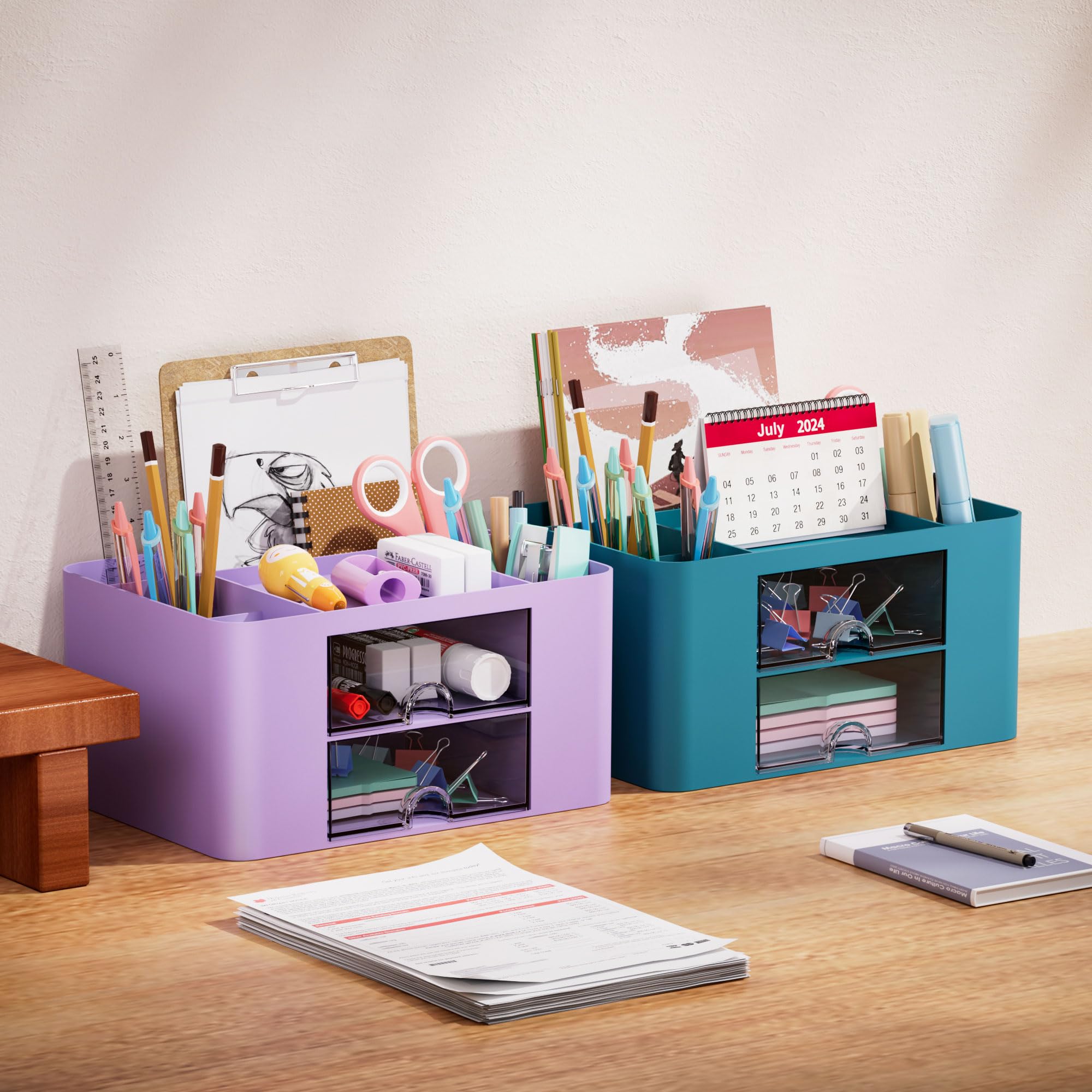 Marbrasse Pen Organizer with 2 Drawer, Multi-Functional Pencil Holder for Desk, Desk Organizers and Accessories with 5 Compartments + Drawer for Office Art Supplies (Blue) Dormly