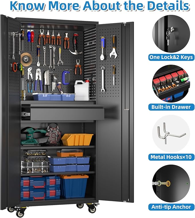 SUXXAN 71" Metal Garage Storage Cabinet with 16 Hooks and Pegboards,1 Drawer Inside Rolling Tool Storage Cabinet with Adjustable Shelves,3 Metal Hanging Rod for Garage,Warehouse