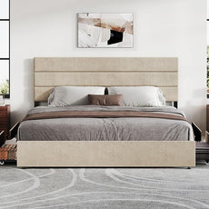 WLIVE King Size Upholstered Bed Frame with 4 Storage Drawers and Headboard, Velvet Platform Bedframe, Sturdy Metal & Wooden Slats Support, No Box Spring Needed, Easy Assembly, Beige
