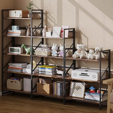 JSB No Assembly Folding Bookshelf, 4 Tier Industrial Metal Book Shelf for Storage, Vintage Wood Foldable Bookcase for Living Room, Bedroom, Office Organization Shelves