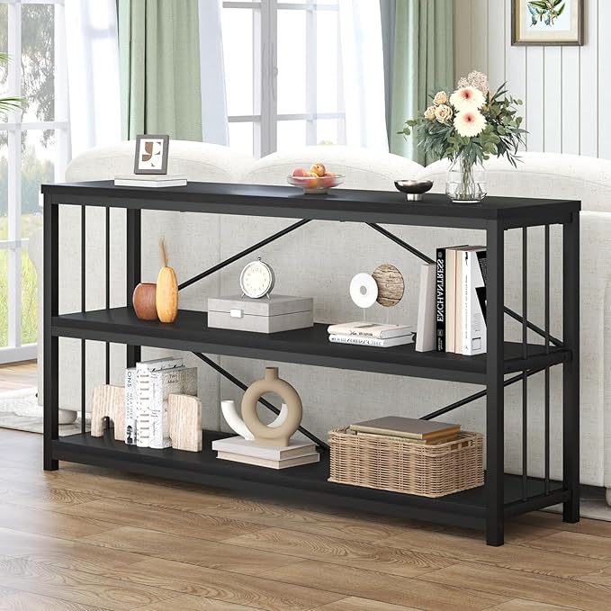 HSH Black Horizontal Bookcase, Metal and Wood Low Bookshelves with 3 Tier Shelf for Home Office, Modern Wooden Wide Open Etagere Bookcase with Storage for Bedroom Living Room, Black Oak, 55 Inch