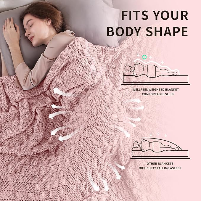 Knitted Weighted Blanket Adult, No Beads Heavy Blanket 60” x 80'' 15lbs, Breathable Chunky Knit Blanket, Cooling Weighted Blanket for Hot Sleepers, Christmas Home Decor (HoneyPink)