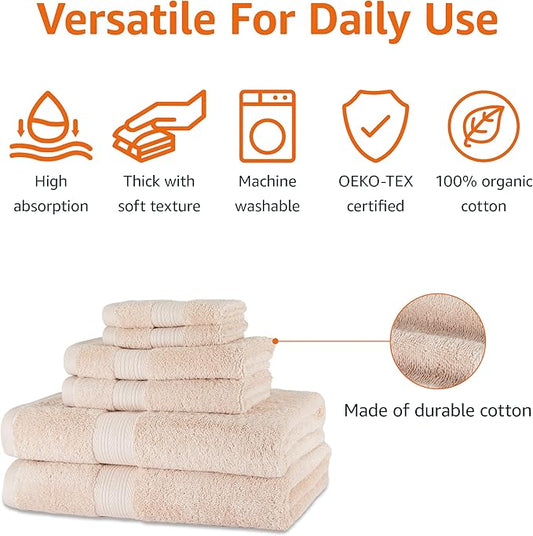 Amazon Basics Fade Resistant Bath, Hand and Washcloth Towel Set, 100% Cotton, Set of 6, 30 x 54 inches, Blush Pink