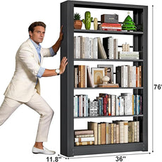 Metal Bookshelf, 5 Tier Bookshelf with Adjustable Shelves, Black Bookcase, Heavy Duty 69” Tall Bookcase, Large Book Case Book Shelf for Bedroom, Living Room, Office, Library