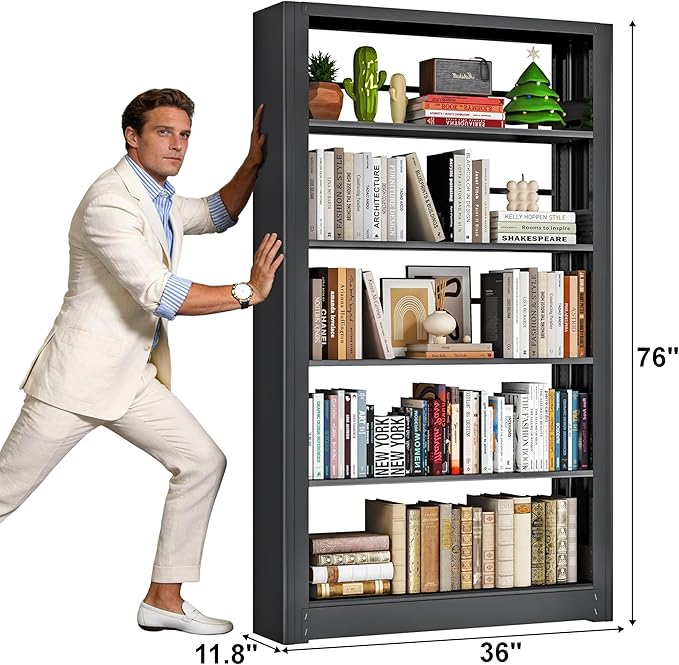 Metal Bookshelf, 5 Tier Bookshelf with Adjustable Shelves, Black Bookcase, Heavy Duty 69” Tall Bookcase, Large Book Case Book Shelf for Bedroom, Living Room, Office, Library