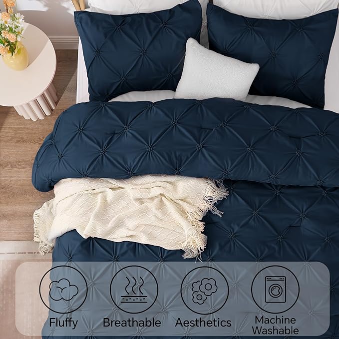 BEDELITE Navy Queen Comforter Set - 3 Pieces Boho Pintuck Bedding Comforter Sets, Lightweight Soft & Warm Bed Comforter Queen with 2 Pillowcases for All Season
