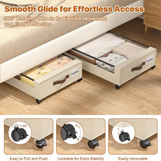 Under Bed Storage with Wheels, 4 Pack Under Bed Storage Containers with Clear Lids, XXL 60L Under-Bed Organizers for Clothes, Shoes – Durable Storage Bins with Smooth Rolling Wheels (White, 4 Pack)