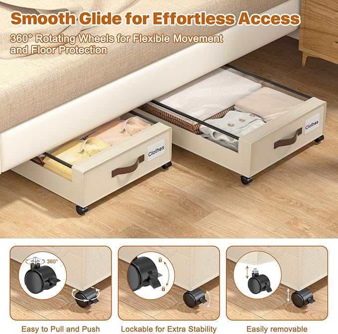 Under Bed Storage with Wheels, 4 Pack Under Bed Storage Containers with Clear Lids, XXL 60L Under-Bed Organizers for Clothes, Shoes – Durable Storage Bins with Smooth Rolling Wheels (White, 4 Pack)