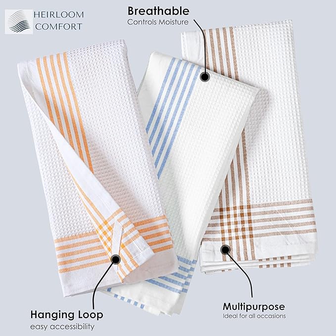 Multi White Waffle Kitchen Towels 3 Pack, 100% Cotton, 16x26 Inch, Ultra Absorbent, Fast Dry Dish Towels, Reusable Dishcloths for Drying, Cleaning, Mustard Yellow, Sky Blue, Brown