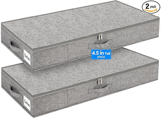 punemi Under Bed Storage Containers, 2 Pack 4.5 Inch Tall Low Profile Underbed Clothes Storage Organizer Bin with Sturdy Side & Bottom Support, Use as Clothes Organizer, Pillow and Blanket Organizer