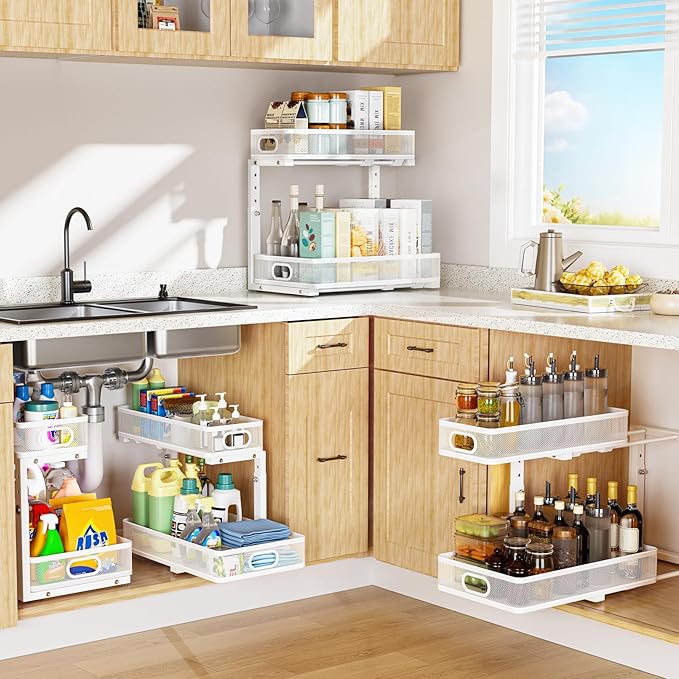 Under Sink Organizer, High Adjustable 2 Tier Under Sink Organizers and Storage, Slide Out Metal Cabinet Organizers, Pull Out Sink Storage Drawer Shelf for Kitchen Bathroom Cabinet, White, 1 Pack