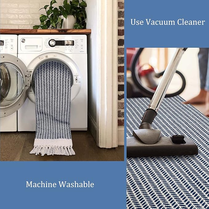 Lahome Boho Bathroom Rugs, Small 2x3 Front Door Mat Lightweight Entryway Rug Woven Cotton Area Rug with Tassels, Farmhouse Non Shedding Washable Blue Throw Rug Low Pile Carpet for Entry Laundry