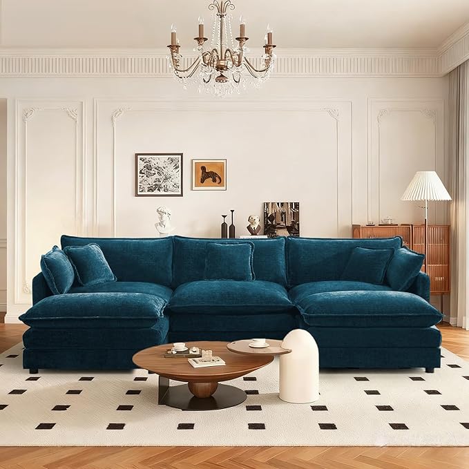 SoarFlash Chenille Sectional Sofa, Comfy L Shaped Modular Coush Sofa with Ottoman, Modern 3 Seat Couch Deep Seat Sofa Set for Living Room,Deep Blue