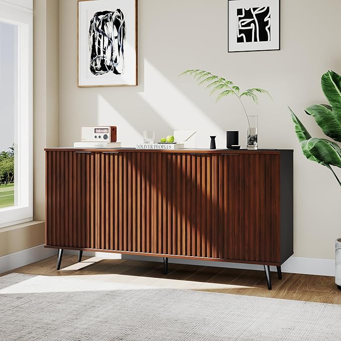 COCO DESIGN 61" Buffet Sideboard with Fluted Panel Doors, Power Outlet & Adjustable Shelves, Storage Cabinet with Adjustable Metal Legs, Modern Farmhouse Console for Dining Room Kitchen, Walnut