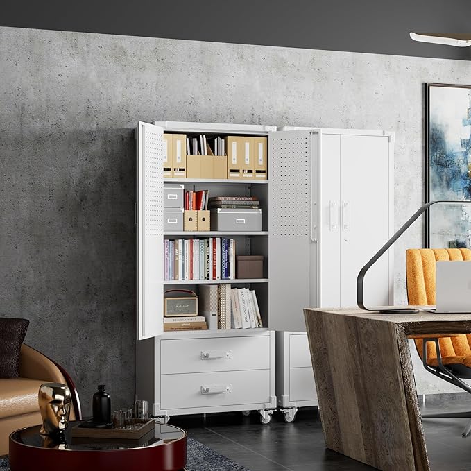 SUXXAN Rolling Storage Cabinet with 2 Doors and 2 Drawers, Heavy Duty Metal Storage Cabinet with Shelves, Locking Steel Cabinet for Warehouse, Home, Office (White)