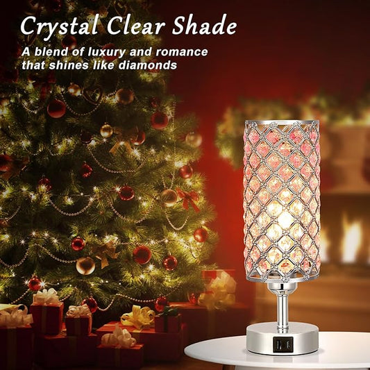 Crystal Table Lamp, Pink Touch Lamp with USB C+A Ports, 3 Way Dimmable Bedroom Light with Crystal Shade, Bedside Nightstand Small Lamp for Girl Bedroom, Living Room(Buld Included)