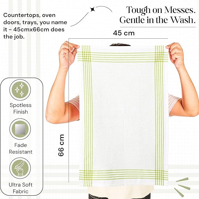 Lemon Green and White Waffle Kitchen Towels 3 Pack, 100% Cotton, 16x26 Inch, Super Absorbent, Reusable Fast Drying Dish Towels for Cleaning, Washing, Drying Dishes, Kitchen