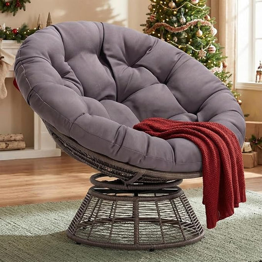 Bme 40" Ergonomic Wicker Papasan Chair with Soft Thick Density Fabric Cushion, Bee-Designed Base, High Capacity Steel Frame, 360 Degree Swivel for Living, Bedroom, Reading Room,...