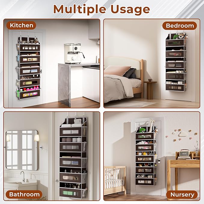 5-Tier Over The Door Storage Organizer with 10 Side Mesh Pockets, 48 lbs Load Capacity, 3 Hooks Design, Door Hanging Organizer with Clear Windows for Bathroom, Bedroom, Nursery, Kitchen-Brown