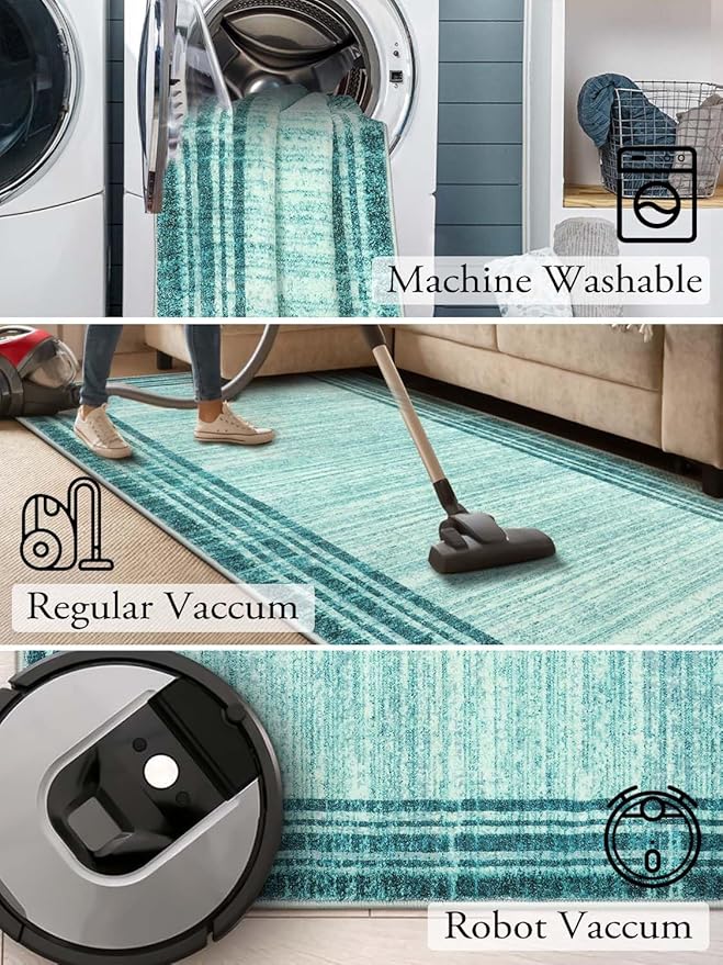Lahome Modern Abstract Runner Rug, Washable Teal 2x6 Entryway Rug Runners Non Slip Hallway Runner, Low-Pile Soft Bathroom Runner Rug 6ft Kitchen Carpet Runner for Laundry Bedroom