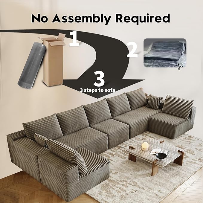 168.5" Modular Sectional Sofa, Oversized U-Shaped Minimalist Couches with 3 Middle Seats Chaise, Modern Deep Seat Convertible Sleeper Sofa, Cloud Plush Corduroy Fabric,7 Seater, Camel