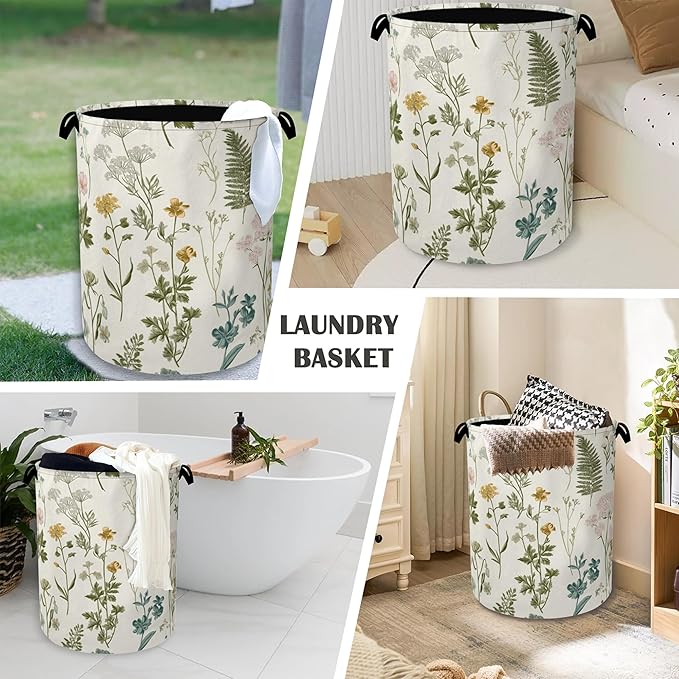Wildflowers Herb Laundry Basket,Plants Botanical Oxford Cloth Laundry Hamper with Handle Foldable Portable Clothes Storage Basket for Bathroom Bedroom Dorm Room 16" x 20.8"