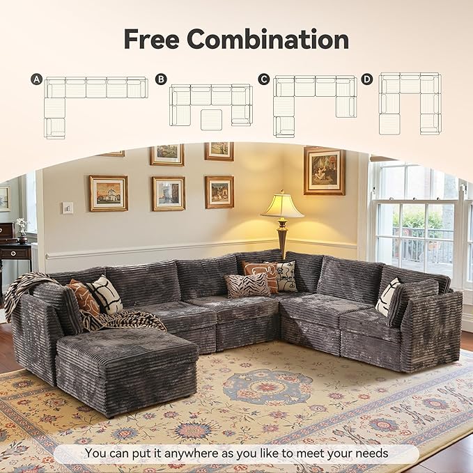Large 7 Seat Modular Sectional Sofa with Ottoman Seat Corduroy Sleeper Sectional Sofa Bed Oversized Convertible Modular Couch for Living Room