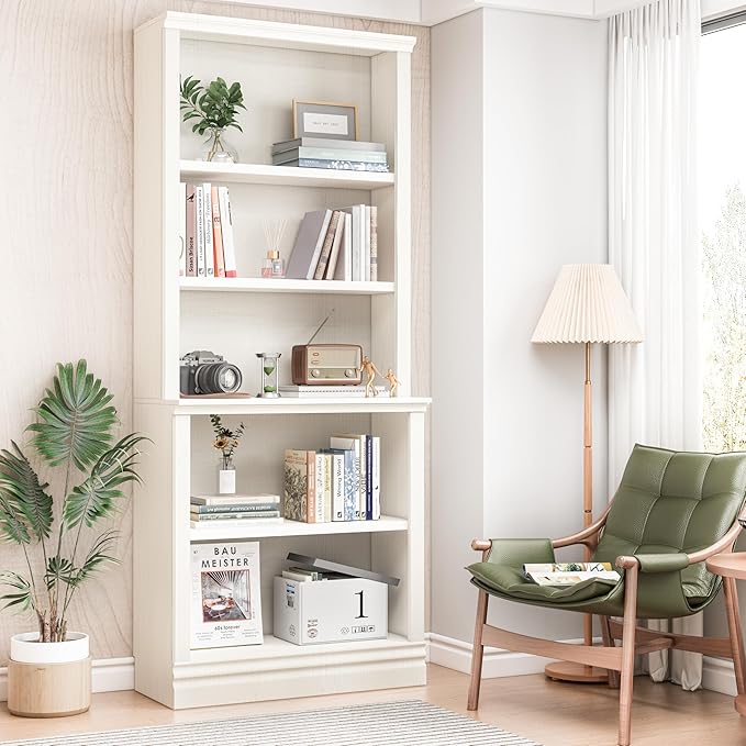 72 in Tall Bookcase, Cream White 31.3 in Wide Floor Standing Bookshelf, 5 Tier Large Floor Standing Display Storage Shelves with Adjustable Shelves for Living Room Hallway Home Office Bedroom