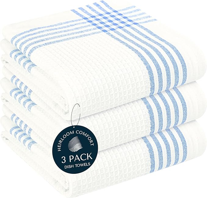 Sky Blue and White Cotton Kitchen Towels 3 Pack, 16x26 Inch, Waffle Weave, Quick Dry, Absorbent, Durable Dish Towels for Drying, Cleaning, Cooking, Daily Kitchen Use