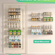 Over The Door Pantry Organizer, Pantry Organization and Storage, 8-Tier Deep Baskets Hanging Heavy-Duty Metal, Wall Spice Rack Seasoning Shelves for Home & Kitchen, Laundry Room Bathroom, White