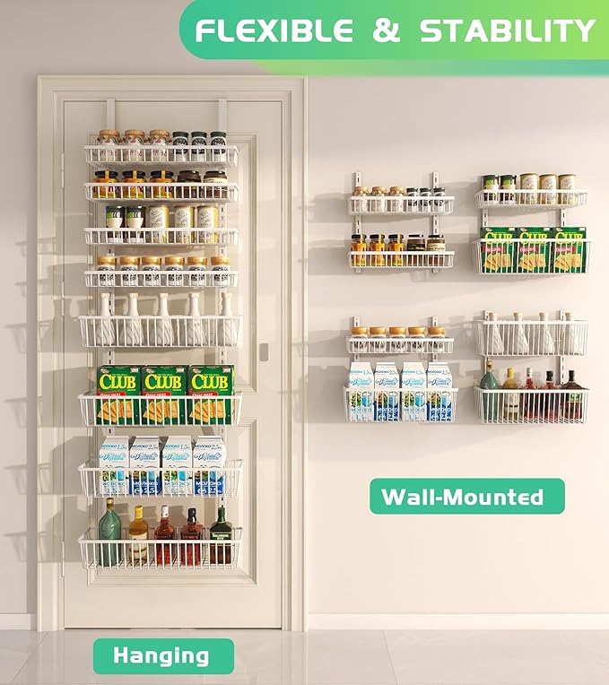Over The Door Pantry Organizer, Pantry Organization and Storage, 8-Tier Deep Baskets Hanging Heavy-Duty Metal, Wall Spice Rack Seasoning Shelves for Home & Kitchen, Laundry Room Bathroom, White