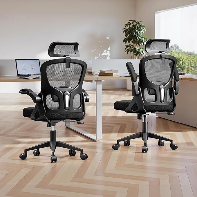 Ergonomic Office Chair - High Back Mesh Computer Desk Chair with Adjustable Lumbar Support & Headrest, Flip-Up Armrests, Tilt Function - Perfect for Gaming, Work, and Study -Black