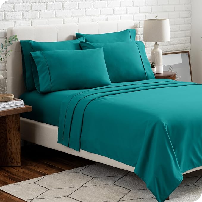 Bare Home Hotel Luxury Split King Sheet Set, Extra Soft, 7 Piece Set, Deep Pockets, Easy Fit, Cooling & Breathable, Wrinkle, Fade, Stain Resistant, Includes 4 Pillowcases (Split King, Emerald)
