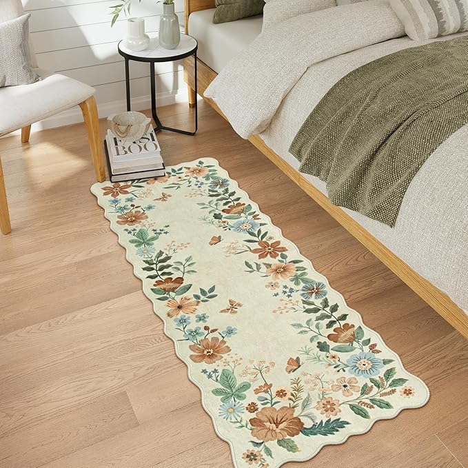 Lahome Floral Kitchen Runner Rug, 2x5 Rug Runners for Hallways Non Slip Ultra-Thin Soft Washable Carpet Runner, Non Slip Low-Pile Stain Resistant Boho Carpet for Bathroom Bedroom(2x5ft,Beige)