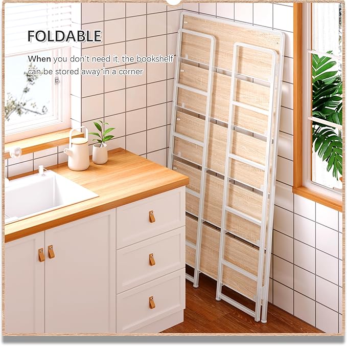 4NM No Assembly Extra Wide 5 Tiers Folding Bookshelf Storage Shelves Vintage Bookcase Standing Racks Study Organizer Home Office (Natural White)