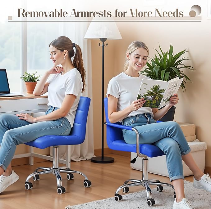 Furmax Mid-Back Office Task Chair Ribbed PU Leather Executive Chair Modern Adjustable Home Desk Chair Retro Comfortable Work Chair 360 Degree Swivel with Arms (Blue)