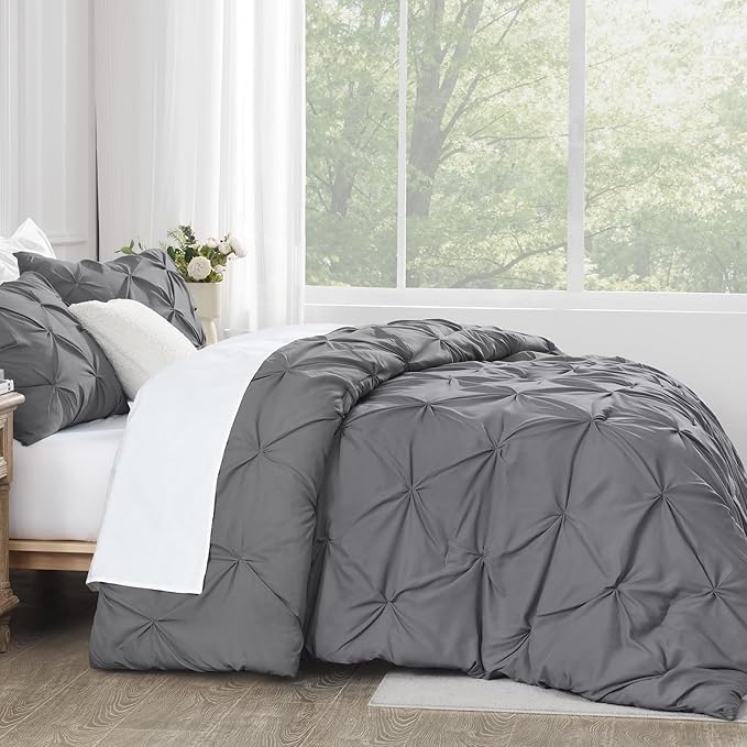 Andency Gray Pinch Pleat Comforter Twin(66x90Inch), 2 Pieces(1 Grey Pintuck Comforter and 1 Pillowcase) Microfiber Down Alternative Bedding Set