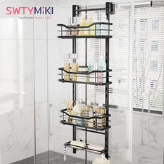 SWTYMIKI Over the Door Shower Caddy - 4 Tier Adjustable Shower Organizer Hanging with Soap Holder, No Drilling Stainless Steel Bathroom Rack Hanging for Body Wash, Shampoo, Soap, Razor, Black
