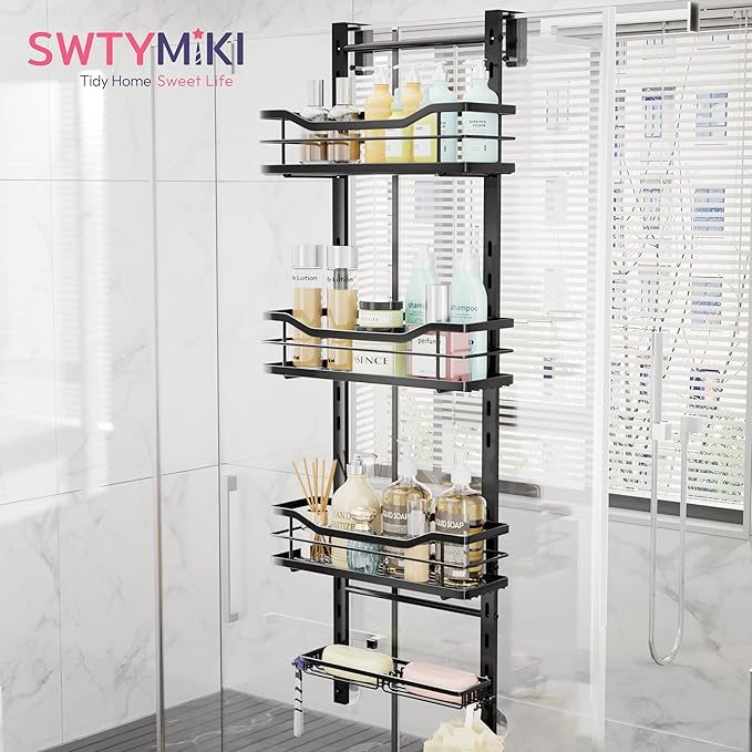 SWTYMIKI Over the Door Shower Caddy - 4 Tier Adjustable Shower Organizer Hanging with Soap Holder, No Drilling Stainless Steel Bathroom Rack Hanging for Body Wash, Shampoo, Soap, Razor, Black