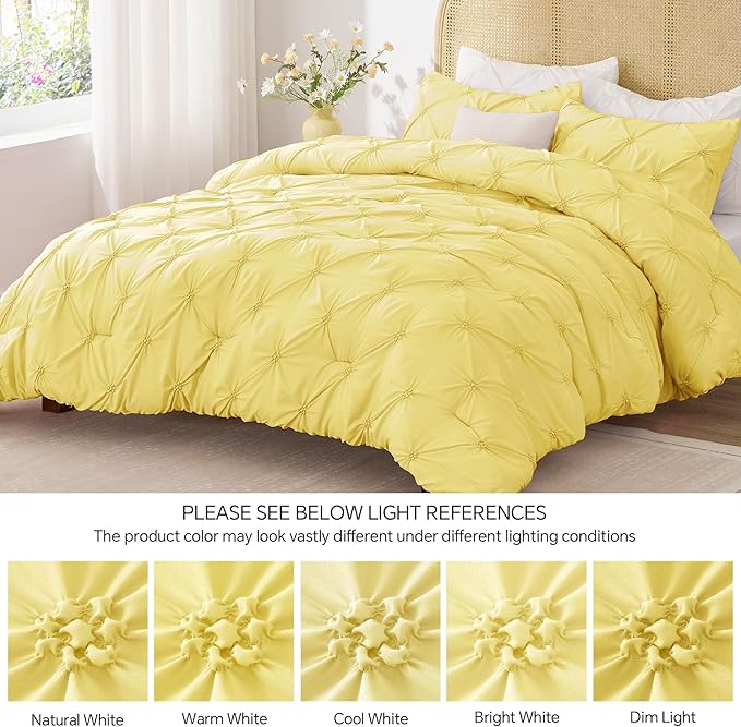 BEDELITE Light Yellow Queen Comforter Set - 3 Pieces Boho Pintuck Bedding Comforter Sets, Lightweight Soft & Warm Bed Comforter Queen with 2 Pillowcases for All Season