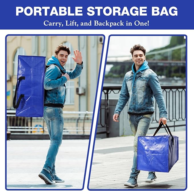 10 Pack Moving Bags Heavy Duty Extra Large Storage Bags with Zippers, Handles, Backpack Straps Packing Bag for Moving College Dorm Room Essentials, Camping, Travel, Clothes 93 L 25 Gallons(Blue)